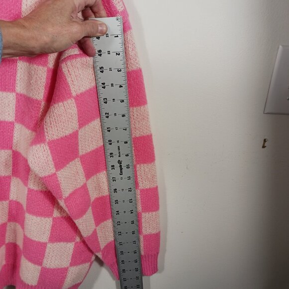 BIBI Pink & Ivory Mixed Checkered Oversized Cardigan Sweater Size LRG, Cozy Chic - Picture 13 of 16